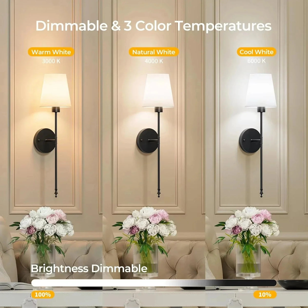 Wireless Wall Sconce Set of 2 – Rechargeable LED, Dimmable, No Wiring Needed