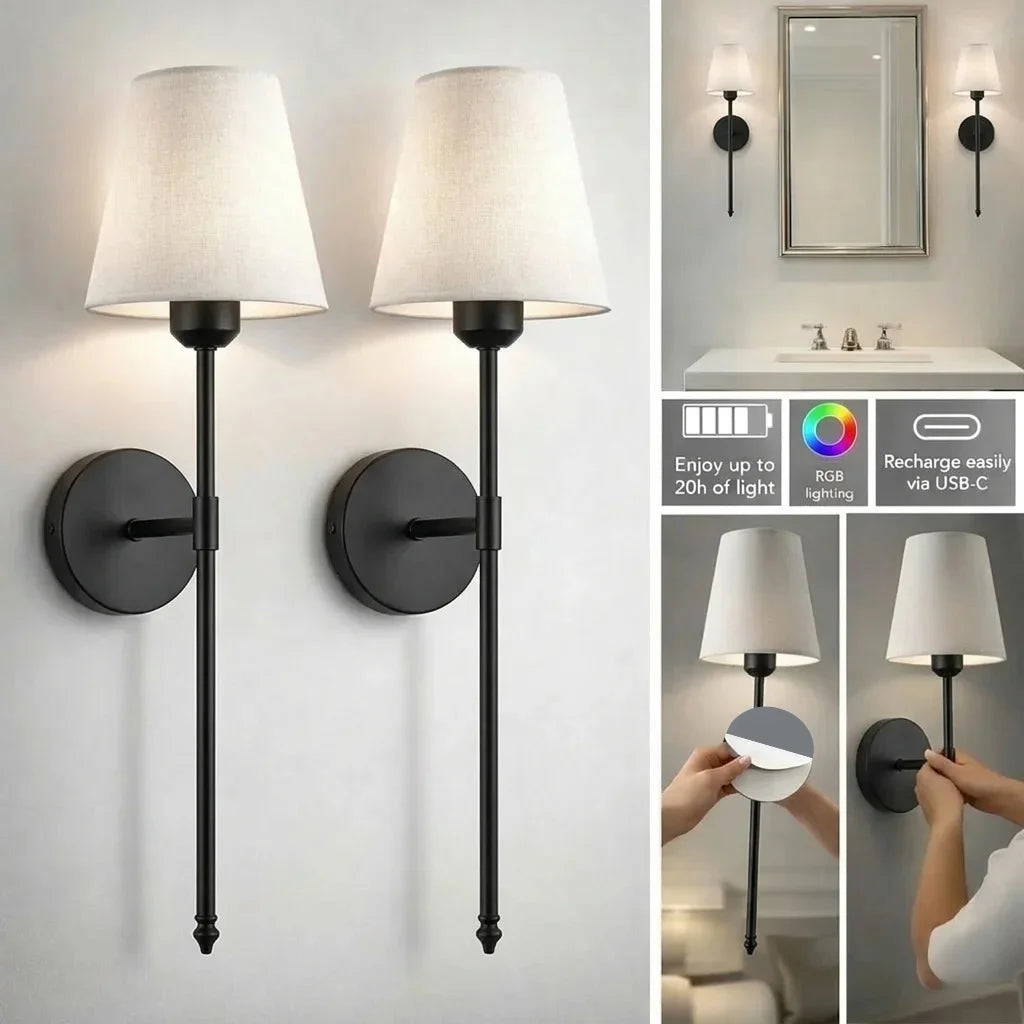 Wireless Wall Sconce Set of 2 – Rechargeable LED, Dimmable, No Wiring Needed